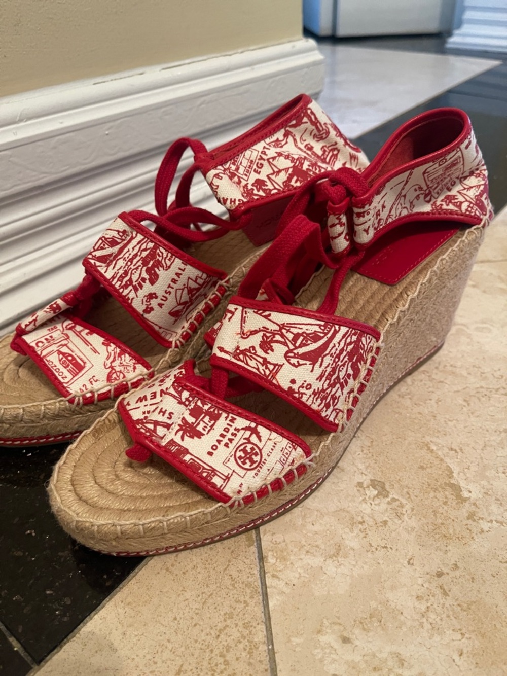 NWOT TORY BURCH red destination wedge espadrilles with ankle/calf laces in sz 10